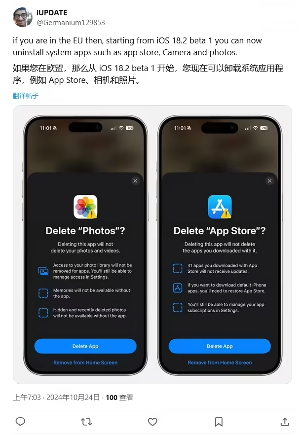 阳谷苹果手机维修分享iOS 18.2 支持删除 App Store 应用商店 